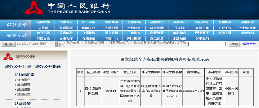 央行颁发首张个人征信业务牌照